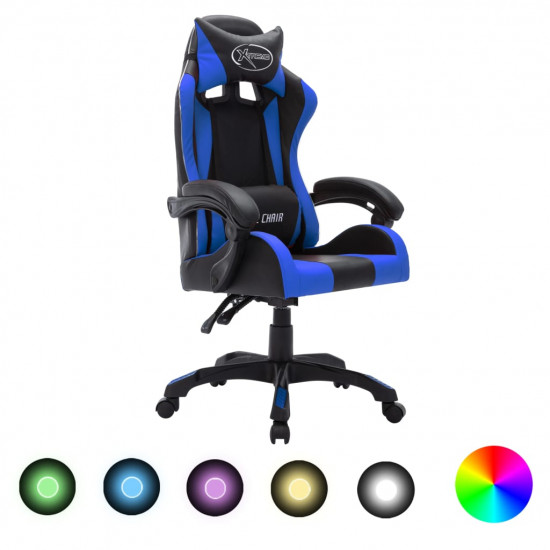 Herná stolička s RGB LED svetlami modro-čierna umelá koža