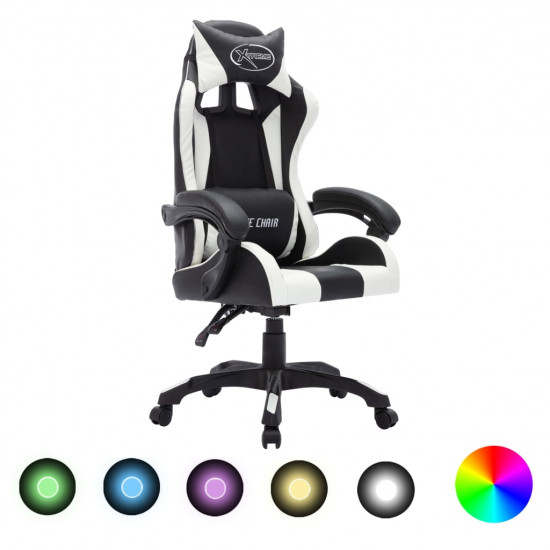 Herná stolička s RGB LED svetlami bielo-čierna umelá koža