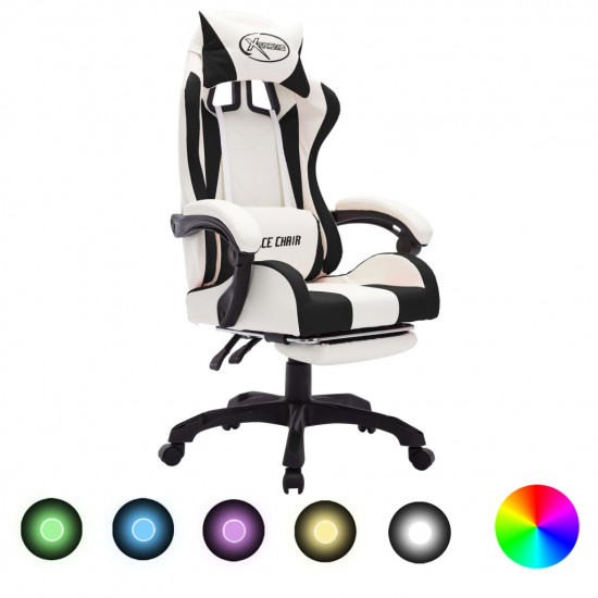 Herná stolička s RGB LED svetlami čierno-biela umelá koža