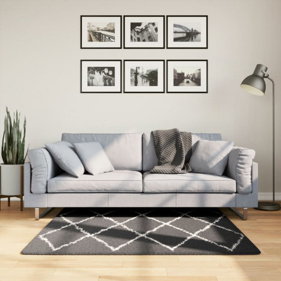Chlpatý koberec vysoký vlas moderný čierno-krémový 120x120 cm