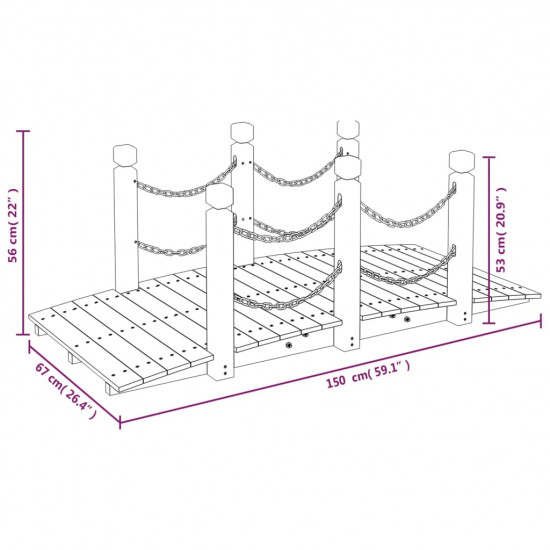 Záhradný mostík s reťazovým zábradlím 150x67x56cm masívny smrek
