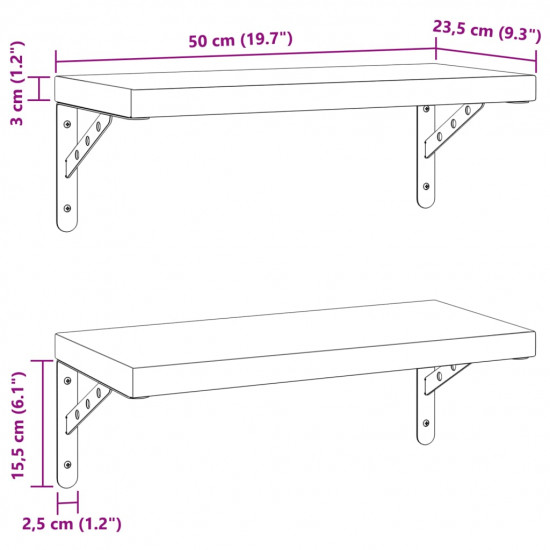 Nástenné police 2 ks 50x23,5 cm, strieborné, nehrdzavejúca oceľ