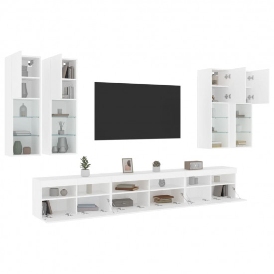 7-dielna súprava TV nástenných skriniek s LED svetlami biela