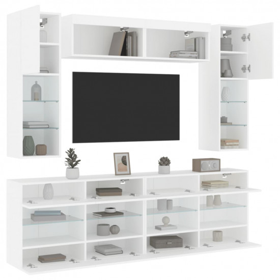6-dielna súprava TV nástenných skriniek s LED svetlami biela