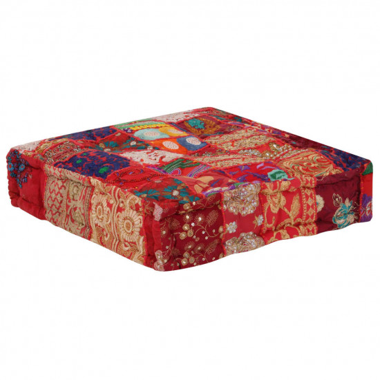 Patchwork taburetka červená 50x50x12 cm bavlnená štvorcová ručne vyrobená