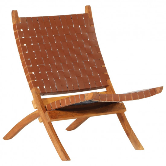 Skladacia relaxačná stolička hnedá pravá koža