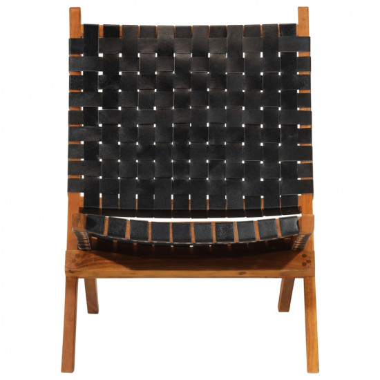 Skladacia relaxačná stolička čierna pravá koža