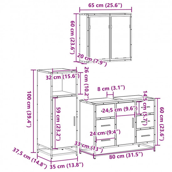 3-dielna sada kúpeľňového nábytku dymový dub spracované drevo