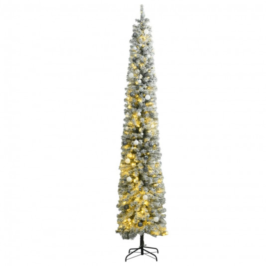 Úzky vianočný stromček 300 LED, zasnežený s guľami 270 cm