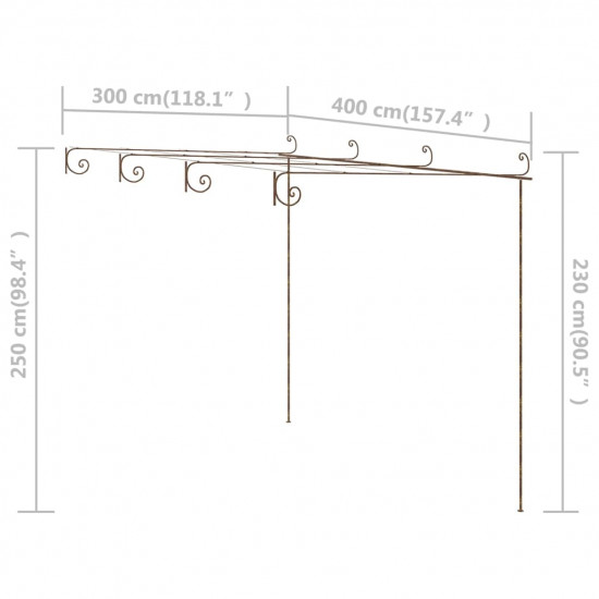 Záhradná pergola, starožitná hnedá 4x3x2,5 m, železo