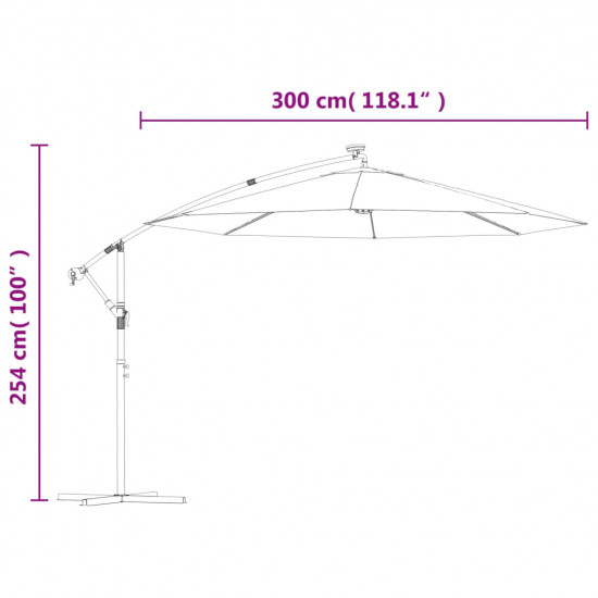 Závesný slnečník s LED a oceľovou tyčou 300 cm, čierny