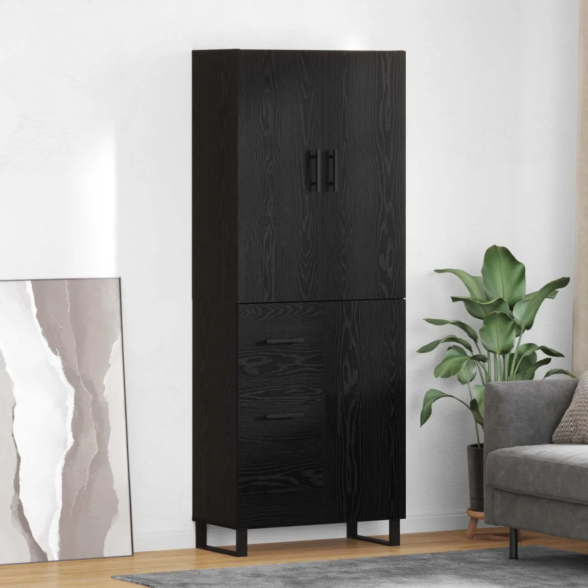 Highboard 2 pcs Čierny dub Drevovláknitá doska a sklo