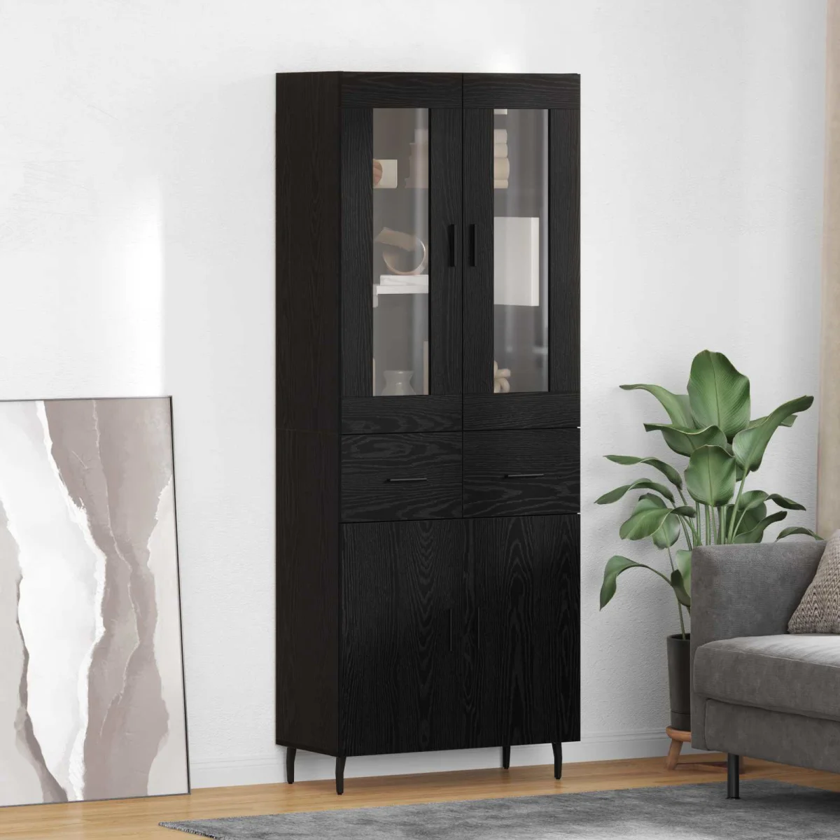 Highboard 2 pcs Čierny dub Drevovláknitá doska a sklo