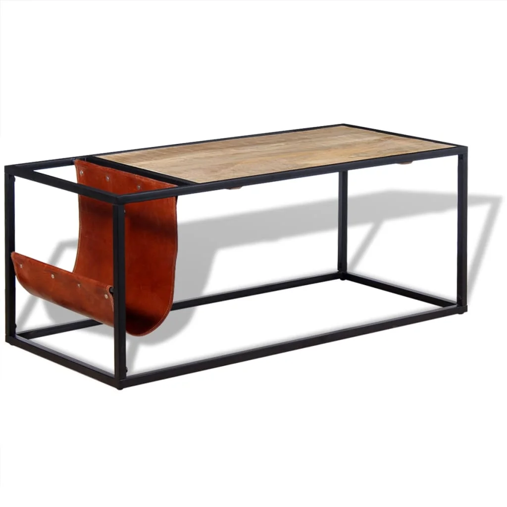 Konferenčný stolík s držiakom na časopisy z pravej kože, 110x50x45 cm