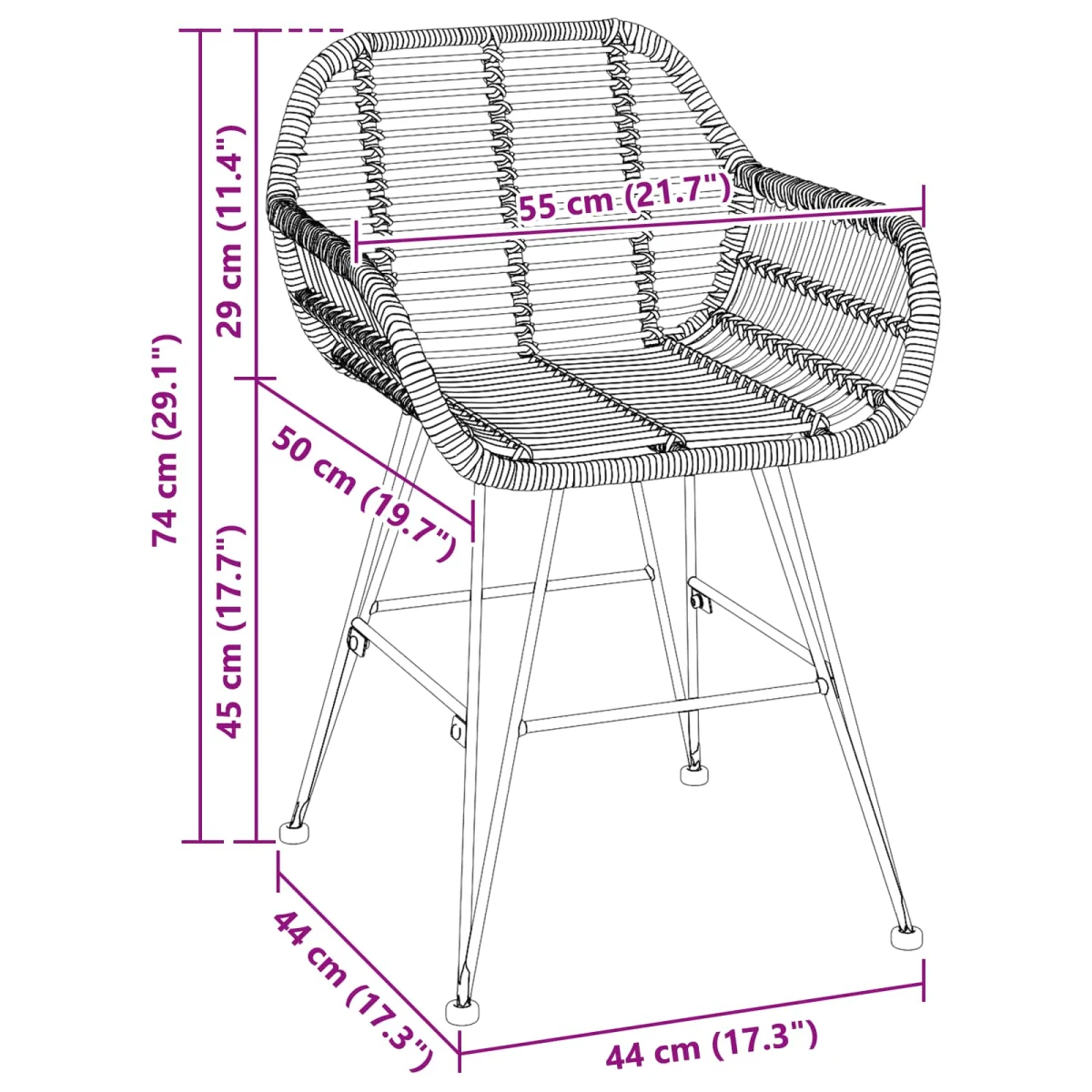 Jedálenská stolička 2 pcs Čierna 55 x 50 x 74 cm Ratan a železo