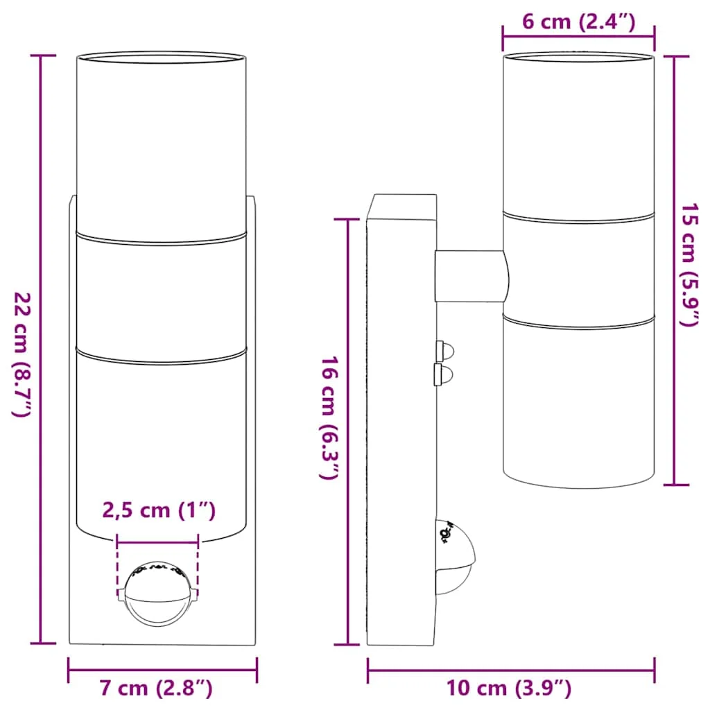 Exteriérové nástenné svietidlo 2 pcs Čierna 7 x 10 x 22 cm