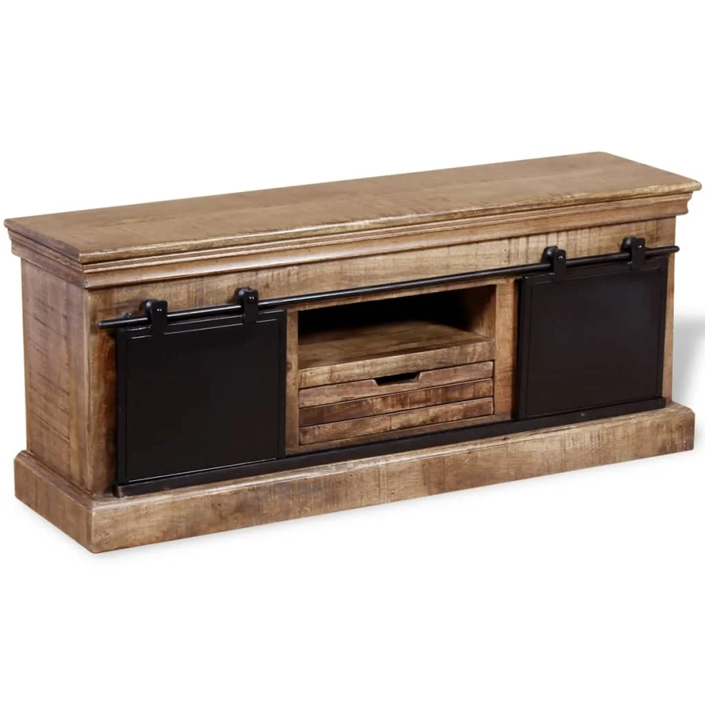 TV stolík s 2 posuvnými dvierkami, masívne mangové drevo, 110x30x45 cm