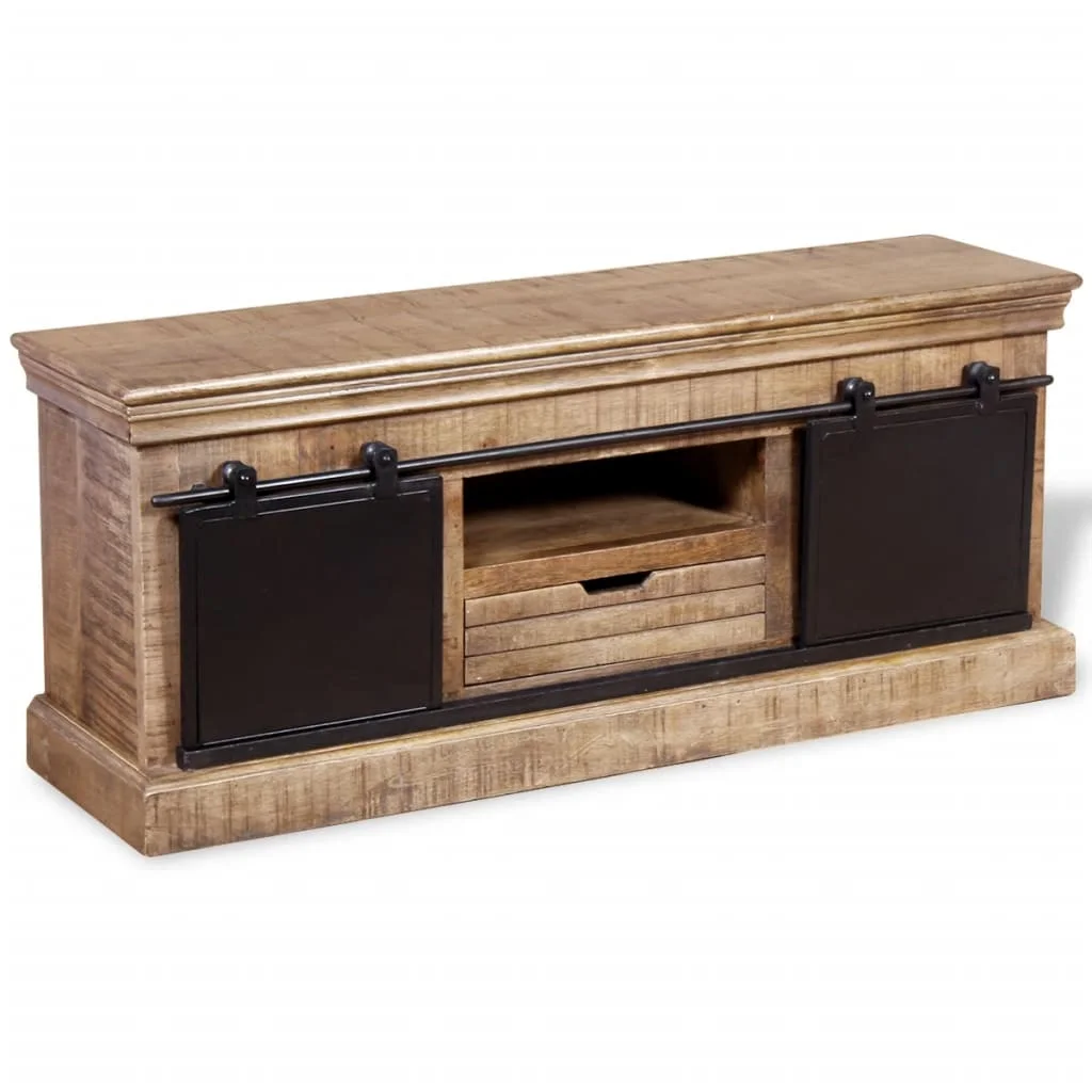 TV stolík s 2 posuvnými dvierkami, masívne mangové drevo, 110x30x45 cm