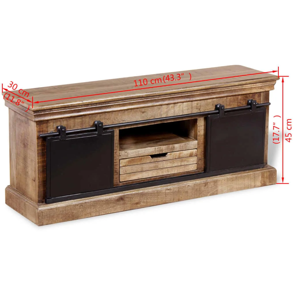 TV stolík s 2 posuvnými dvierkami, masívne mangové drevo, 110x30x45 cm