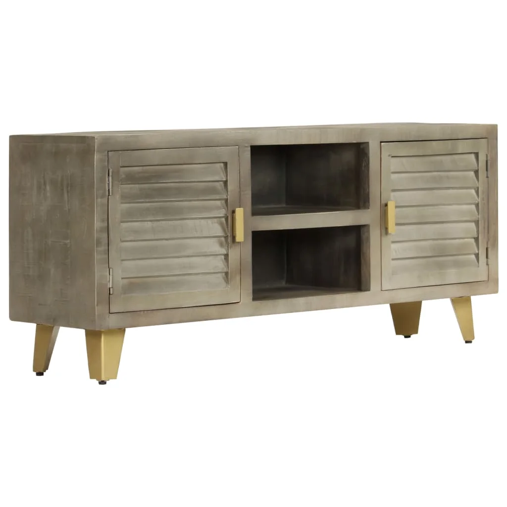 TV stolík z masívneho mangovníkového dreva sivý a mosadzný 110x30x48 cm