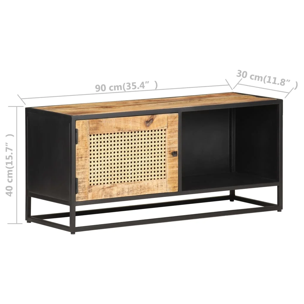 TV skrinka 90x30x40 cm surový mangovníkový masív a prírodný rákos