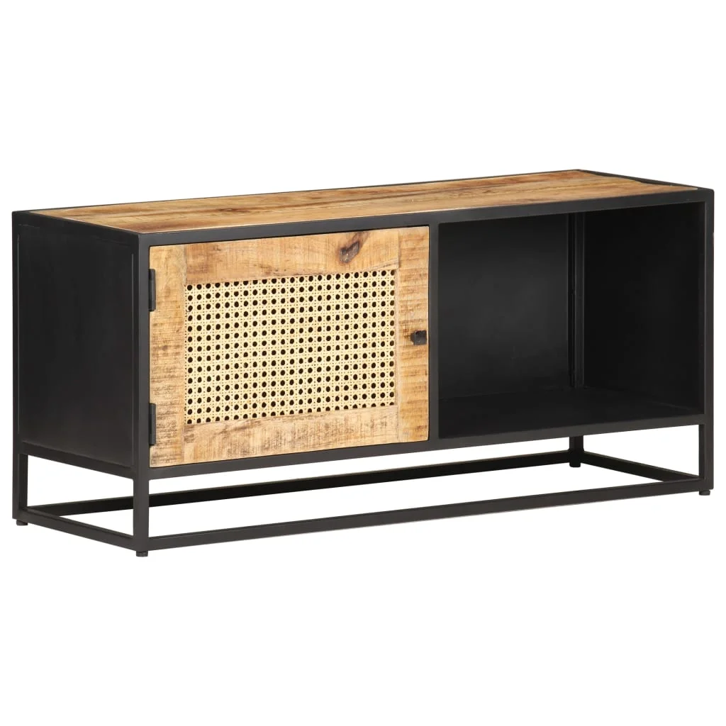 TV skrinka 90x30x40 cm surový mangovníkový masív a prírodný rákos