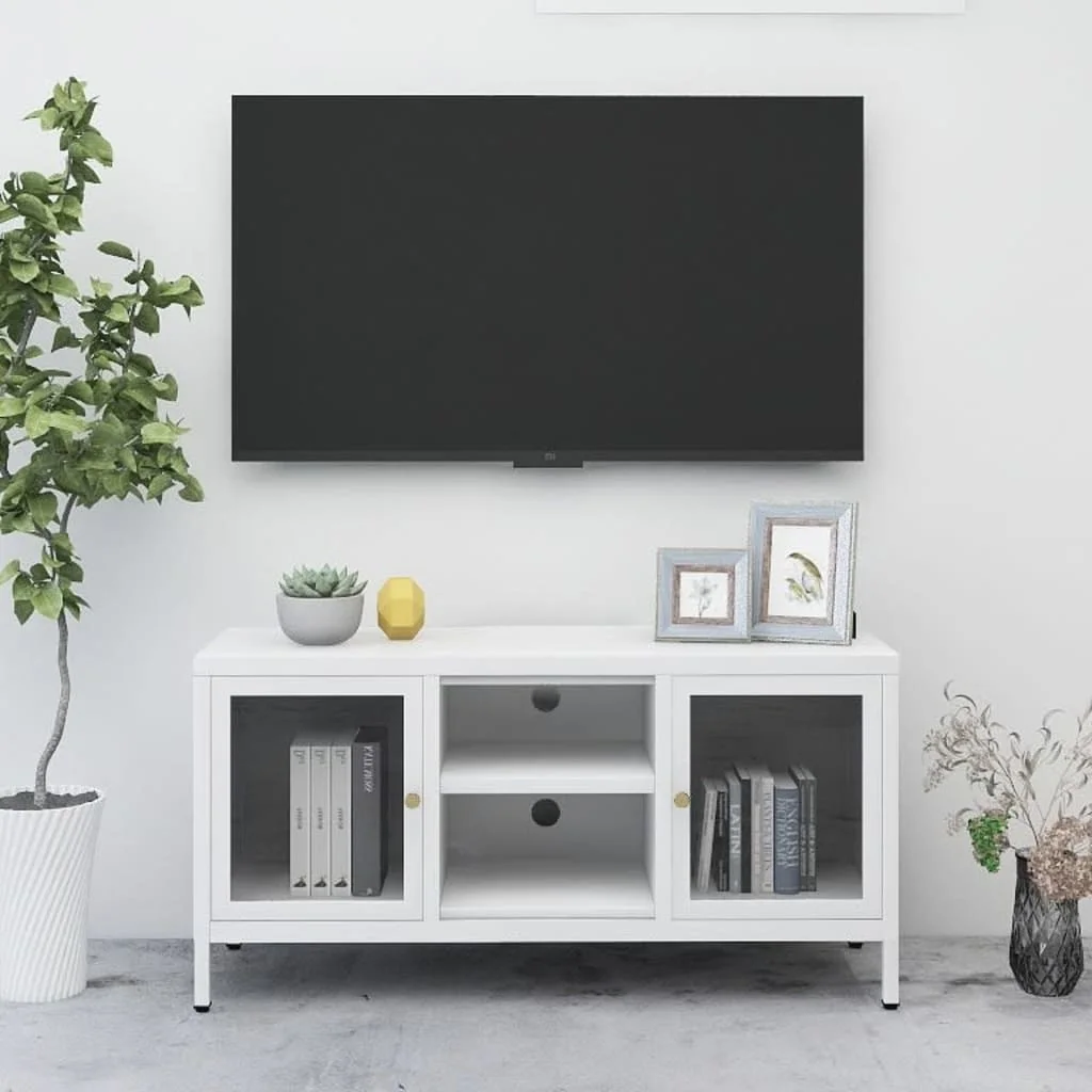 TV skrinka biela 105x35x52 cm oceľ a sklo