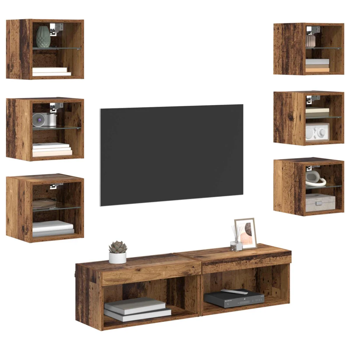 TV skrinka so svetlami LED diódy 8 pcs Staré drevo Sklo