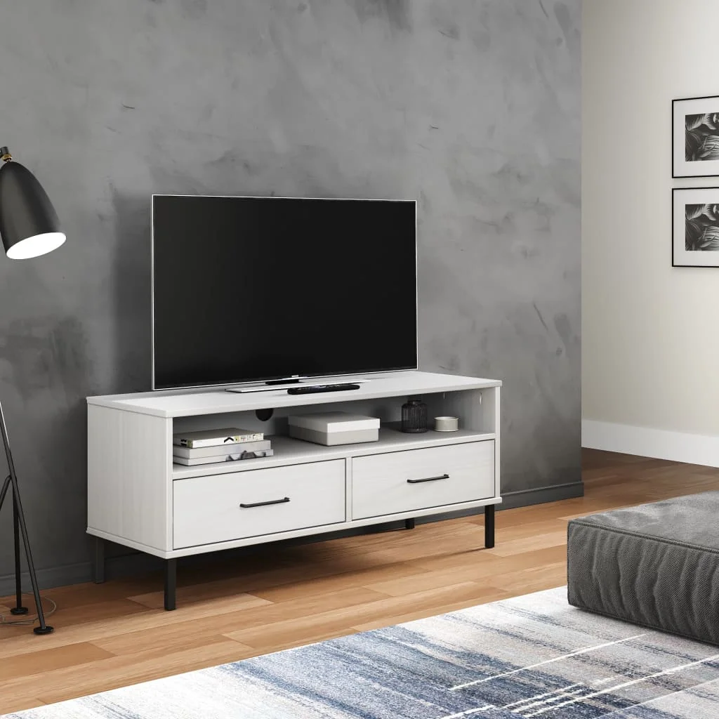 TV skrinka s kovovými nohami biela masívna borovica OSLO
