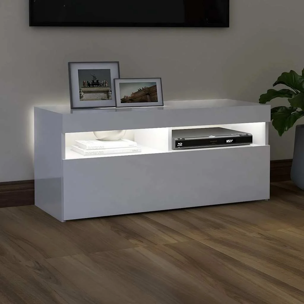 TV skrinka s LED svetlami lesklá biela 90x35x40 cm
