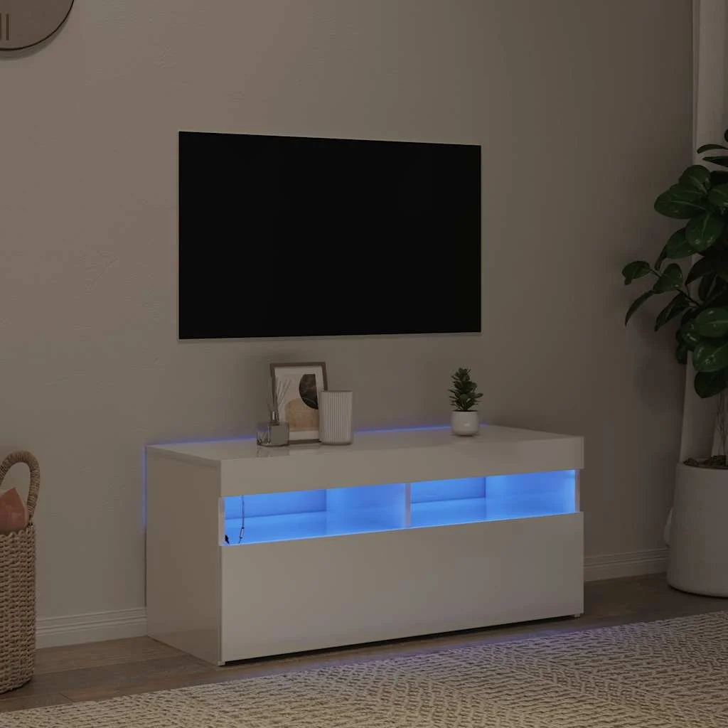 TV skrinka s LED svetlami lesklá biela 90x35x40 cm