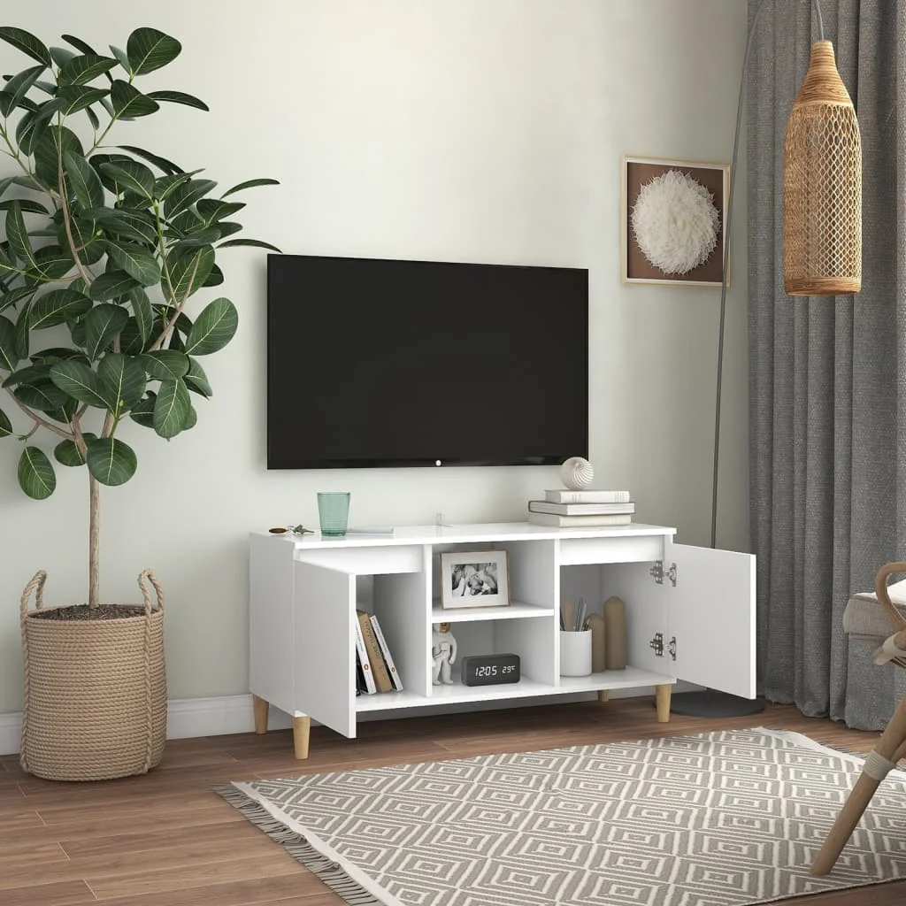 TV skrinka s nožičkami z masívneho dreva biela 103,5x35x50 cm