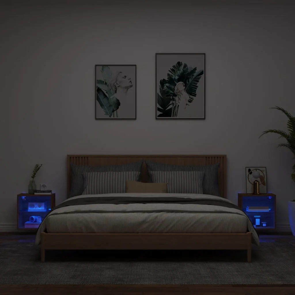 Nočné stolíky s LED svetlami nástenné 2 ks hnedý dub