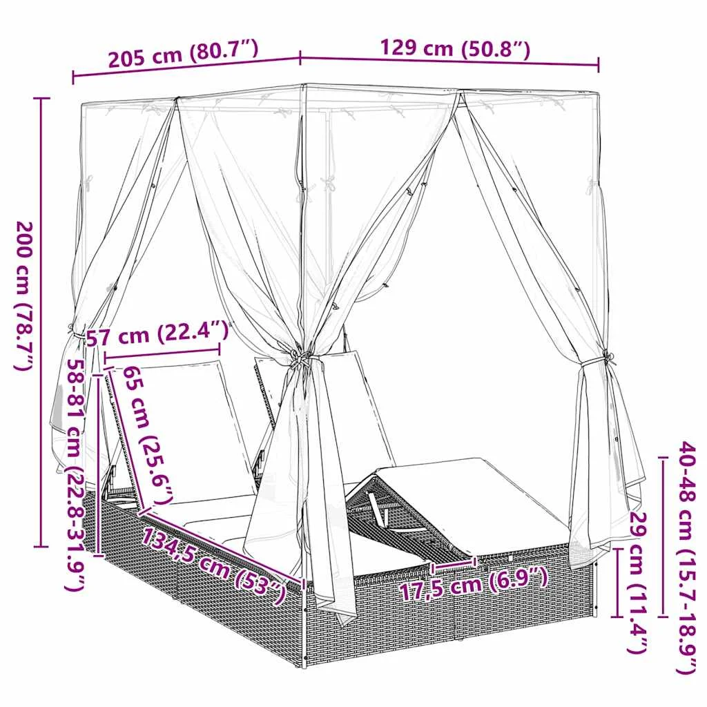Dvojitý Slnečný Lehátko s Prístreškom Čierna 205 x 129 x 200 cm