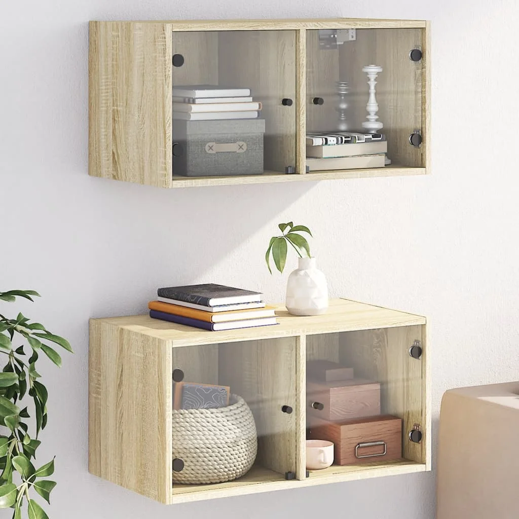 Nástenné skrinky sklenené dvierka 2 ks dub sonoma 68,5x37x35 cm