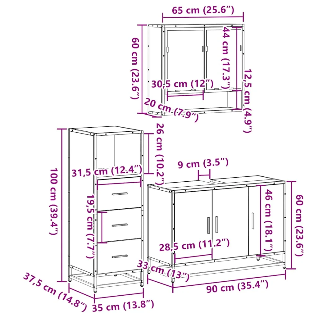 3-dielna sada kúpeľňového nábytku sivá sonoma spracované drevo