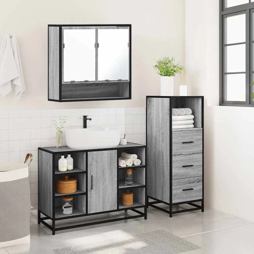 3-dielna sada kúpeľňového nábytku sivá sonoma spracované drevo