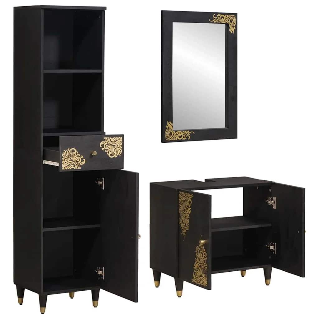 Set kabinetov do kúpeľne 3 pcs Čierna Masívne mango drevo