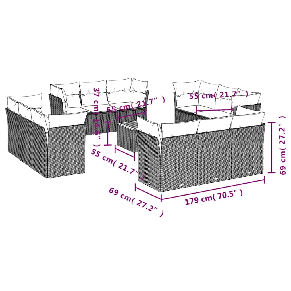 13-dielna záhradná sedacia súprava s vankúšmi sivá polyratanová
