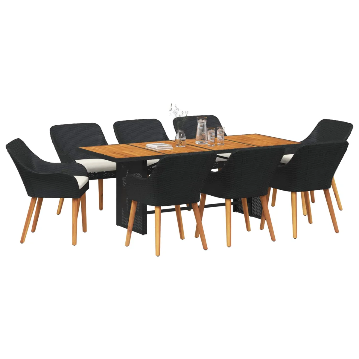 Záhradný jedálenský set s vankúšom 9 pcs Čierna polyratan