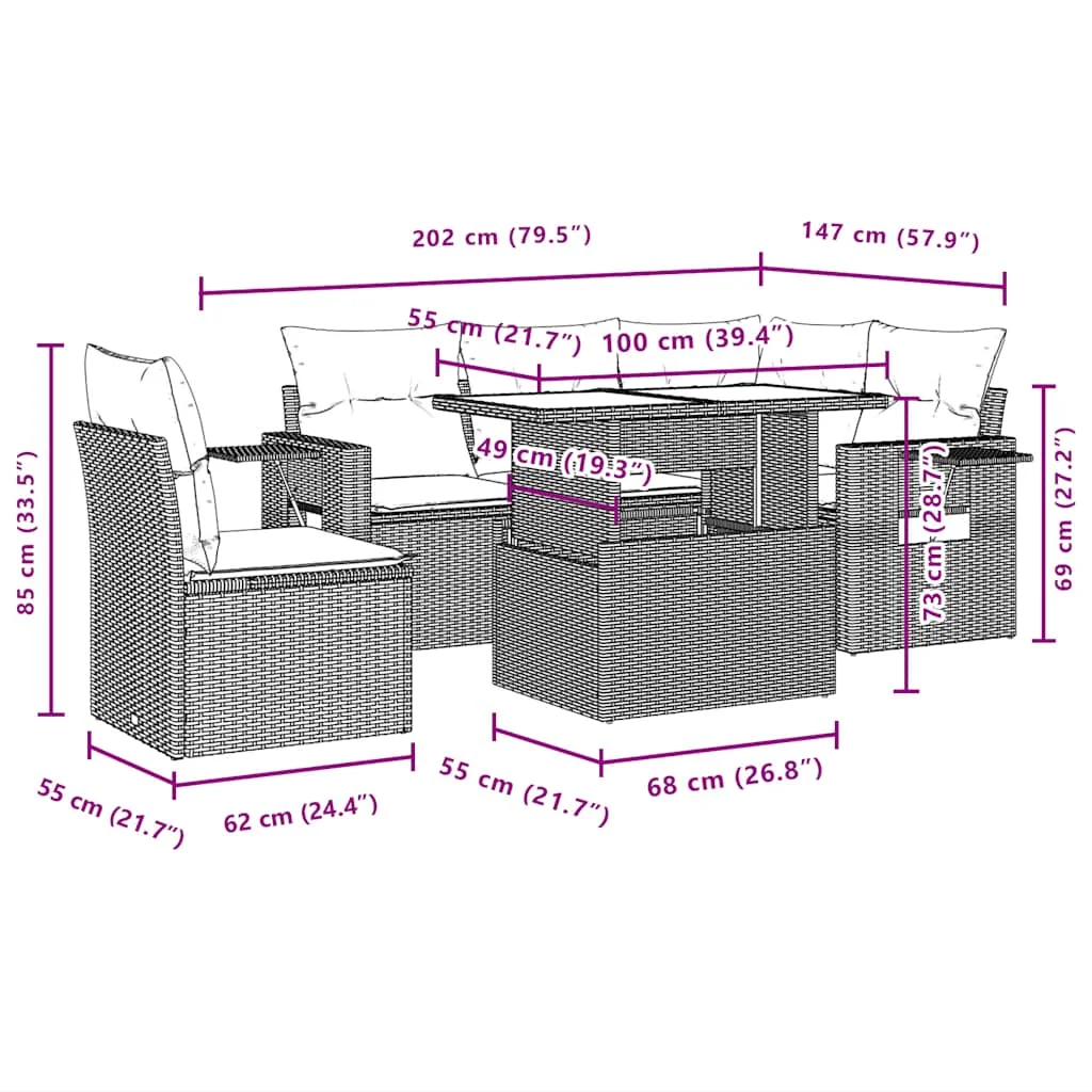 6-dielna záhradná sedacia súprava s podložkami svetlosivá