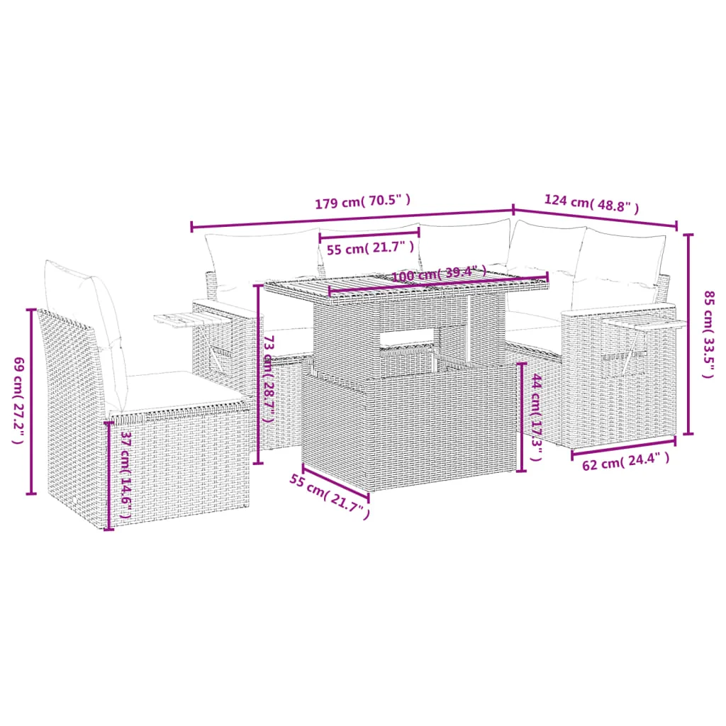 6-dielna záhradná sedacia súprava s podložkami polyratan sivá