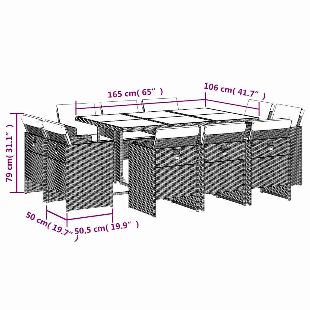 11-dielna záhradná jedálenská sada s vankúšmi čierna polyratan