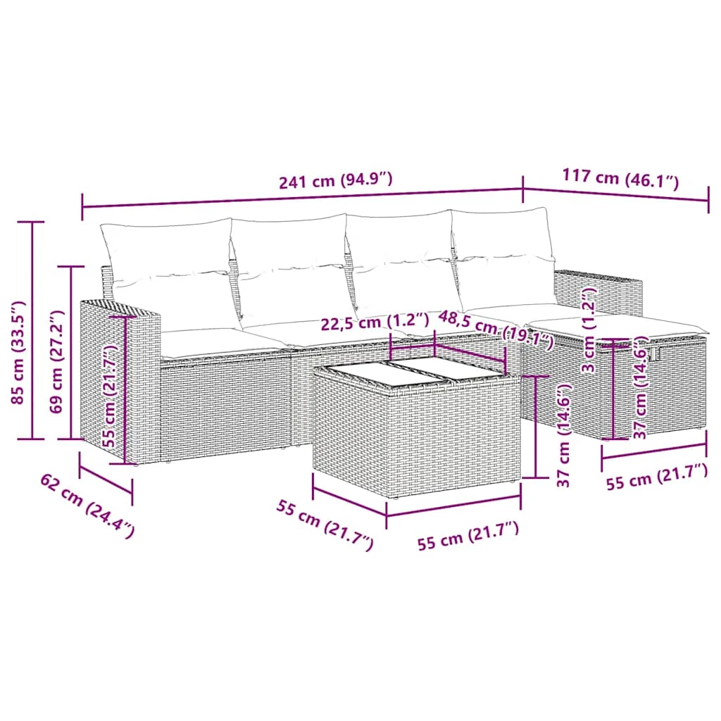 6-dielna záhradná sedacia súprava s vankúšmi hnedá polyratanová
