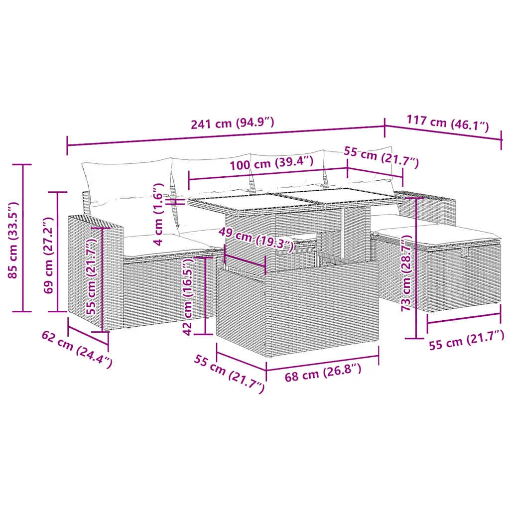 6-dielna záhradná sedacia súprava s podložkami svetlosivá