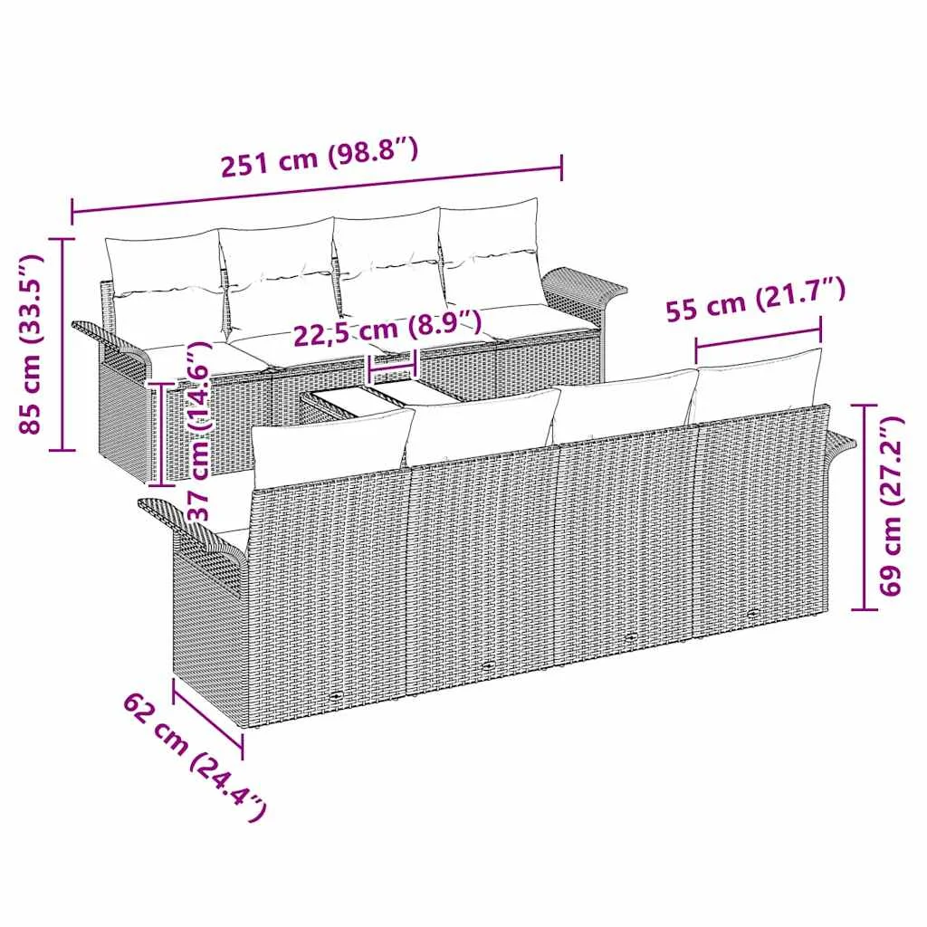 Súprava záhradných pohoviek 9 pcs Sivá Poly ratan