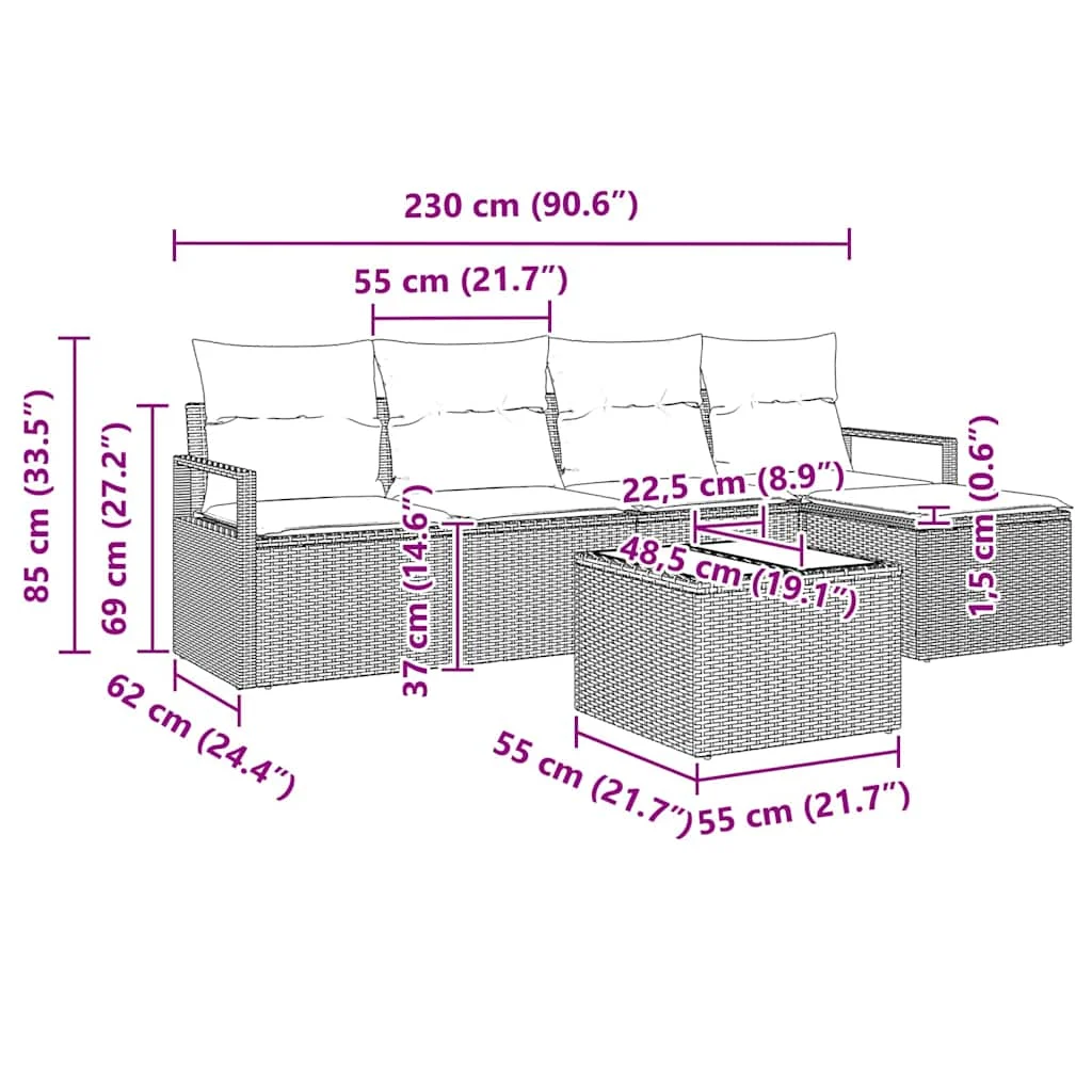 Súprava záhradných pohoviek 6 pcs Sivá Poly ratan