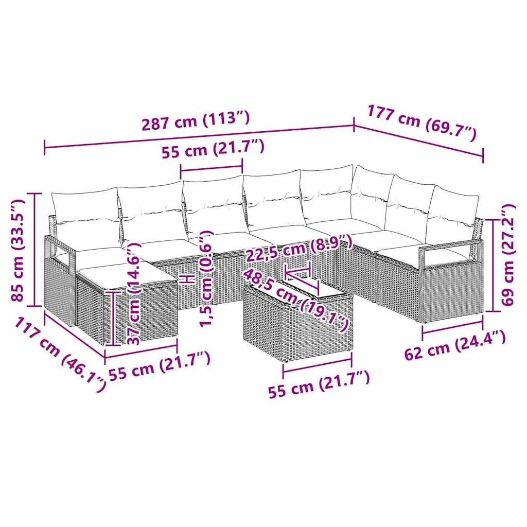Súprava záhradných pohoviek 9 pcs Hnedá Poly ratan