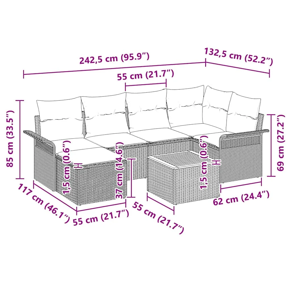 Súprava záhradných pohoviek s vankúšom 7 pcs Béžová polyratan