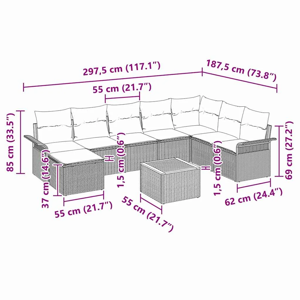 Súprava záhradných pohoviek 9 pcs Béžová Poly ratan